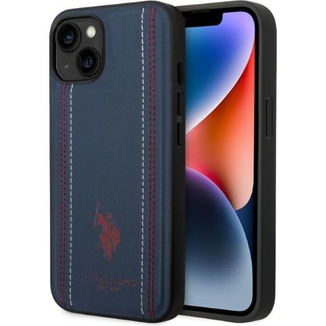 Custodia per iPhone 14 Plus US Polo in pelle con cuciture blu navy (1/5)