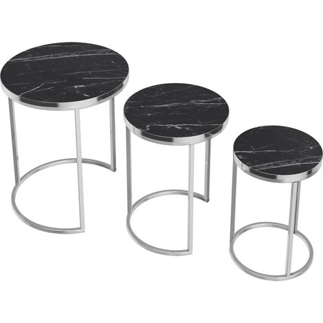 Set di 3 tavolini rotondi impilabili in marmo nero e argento 030008378