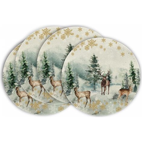 de sets table ronds Aquarelle Arbre Noël Rennes Hiver Xmas Lavable Cuisine décoration fête Lot 4 38cm Set (1/5)
