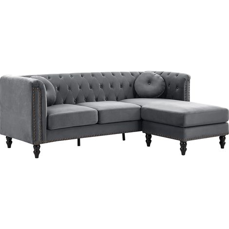 Vente-Unique – Canapé d'angle réversible 4 places en velours anthracite – Style chesterfield – Densité assise 22kg/m³ – Dimensions 222x144cm (1/5)