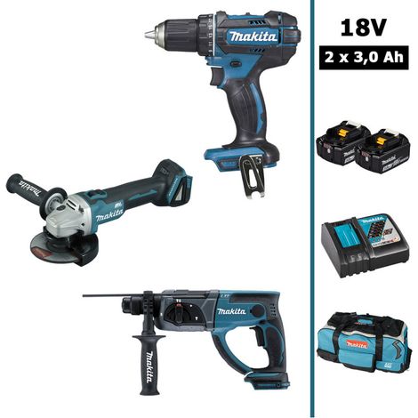 MAKITA Pack 9 machines 18V : DDF458+DTD152+DGA504+DHR202+DJV180+DSS610+DJR186+DMR108N+DEBDML802 + 4 batt 3Ah, chargeur et sac