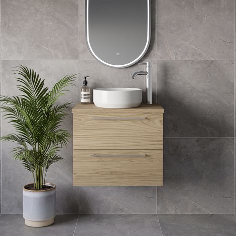 Napoli 390 Light Oak 600mm Wall Mounted 2 Drawer Vanity Unit for Countertop Basins - 600mm - Chrome 320mm Handle
