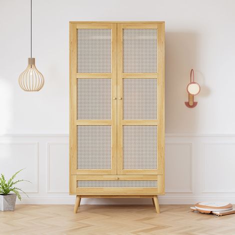 Armoire 2 portes + 1 abattant 90x45x183 cm en rotin tressé naturel (1/5)