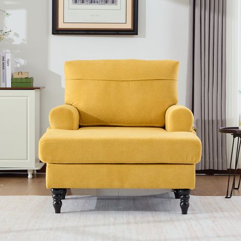 Fauteuil chaise longue moderne minimaliste en tissu chenille / fauteuil simple pour salon et chambre, pieds en bois, dossier et accoudoirs confortables, poches latérales de rangement (chenille jaune m (1/5)
