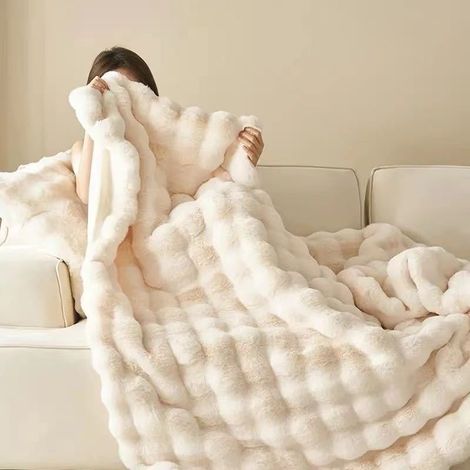 Couverture de canapé en peluche en fausse fourrure 160 x 200 cm épaisse et chaude pour salon, chambre à coucher, confort pour la sieste, Blanc