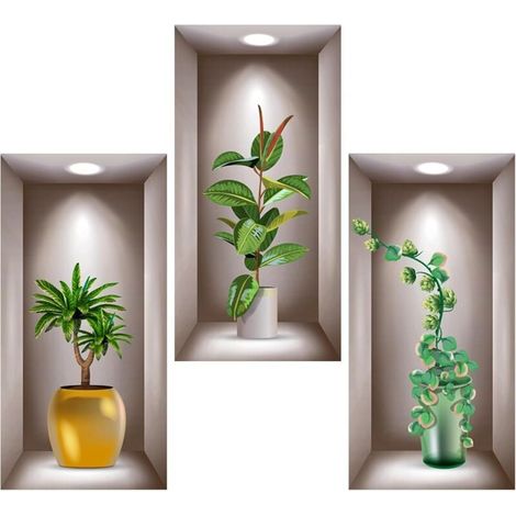 ZVD Lot de 3 autocollants muraux 3D en vinyle 3D pour salon, vases, plantes vertes - Pour chambre à coucher, bureau, cuisine - 40 x 20 cm (1/4)