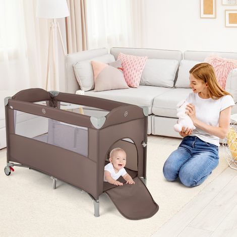Parc Bébé XL 125 x 65 x 76 CM Centre Activité Enfants Base Antidérapante Porte Zip Marron CW23330 (1/2)