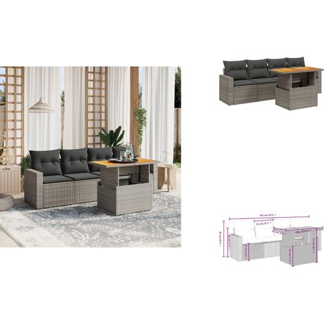 The Living Store Salon de jardin 5 pcs avec coussins gris résine tressée - Meuble extérieur (1/3)