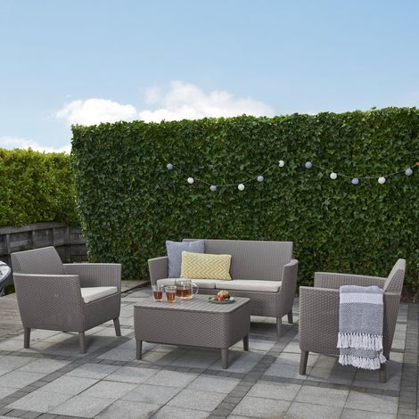 Dmora Set Salón Exterior Butera Gris Topo 3 Plazas, Mesa Pequeña, Sofás de Exteriores Cojines Incluidos (1/3)