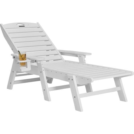 Bain de Soleil, Capacité de Charge 181 kg, Chaise Longue Jardin PEHD, avec Dossier Réglable sur 6 Positions, Accoudoir, Porte-gobelet, pour Extérieur, Piscine, Terrasse, Patio, Pelouse, Blanc (1/5)