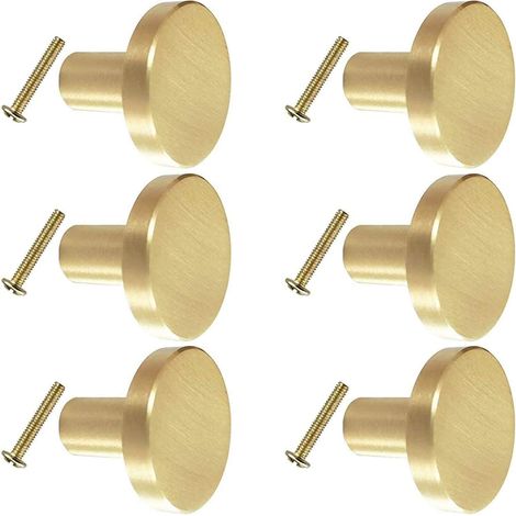 Round Handle Brass Knob, 6Pcs Solid 25Mm Hardware Furniture Cupboard Door Drawer Dressers Handles Knobs with Screws for Kitchen Bathroom Bedroom