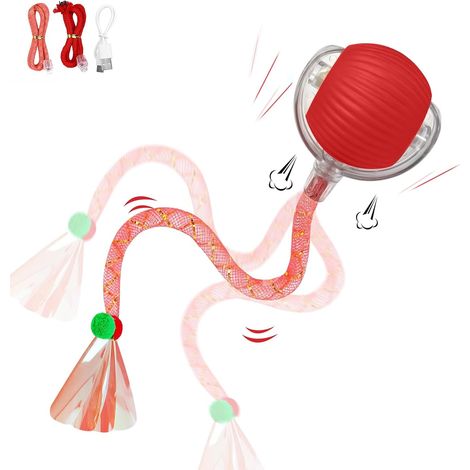 Jouet Chat Interactif,Balle Chat Jeux pour Chat Interieur,Doté d'une Queue Qui Clignote et Bouge Rapidement, il Réveille l'instinct de Chasseur du Chat/Chien (Red) (1/5)