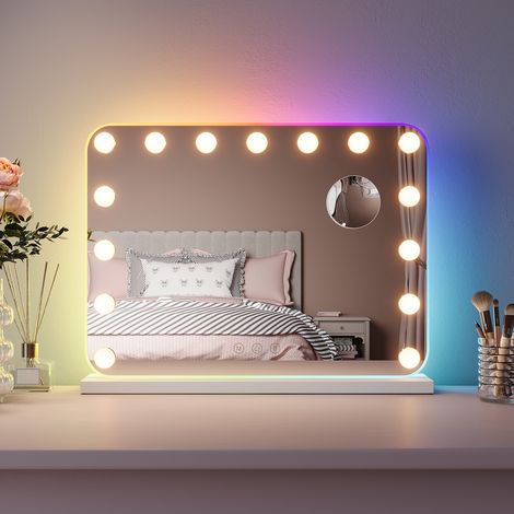 ELEGANT Hollywood RGB Lights Vanity Mirror 58x43cm Makeup Mirror with 15 LED Bulbs and 10X Magnifying Glass for Dressing Table Touchscreen 3 Color Modes (1/5)