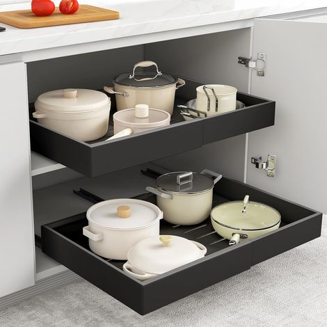 Trintion Pull Out Cabinet Organizer, Adjustable Expandable Slide Out Drawer, Roll-Out Sliding Drawer Organiser Shelf for Kitchen & Bathroom Storage,Easy Installation with Adhesive Film (Black) (1/5)
