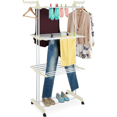 Relaxdays Stendibiancheria Verticale, Stendino Pieghevole a Torre, Ruote HLP: 179x126x63,5 cm, Ferro e Plastica, Bianco