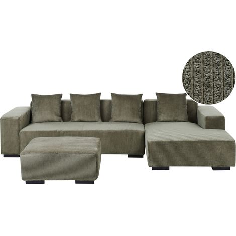 Corner Sofa 4 Seater LUNGO Corduroy Green with Ottoman Left Hand (1/5)
