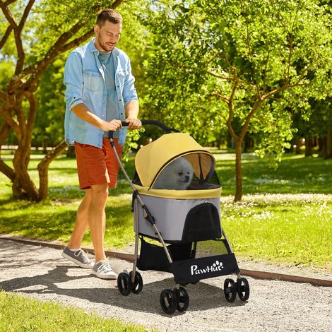 Chariot à chiens 2-en-1 - pliable - 1 panier - 1 sac - jaune - 82 cm x 49,5 cm x 98 cm - Robuste