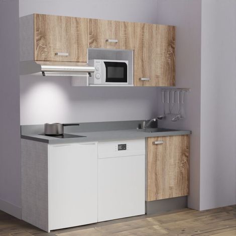 Kitchenette K55L - 180 cm - emplacements hotte, micro-ondes, frigo et lave-vaisselle-Bois-Cromo-évier à droite