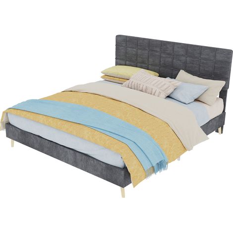 Polsterbett 160x200 dunkelgrau mit weichem Kopfteil - Modernes Doppelbett aus Stoff mit Holzfüßen und Rautensteppung, Saugroboter geeignet (1/5)