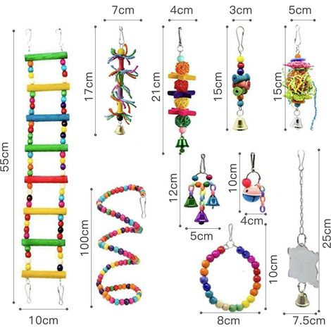 Lot de 10 jouets pour oiseaux : balançoire, corde à grimper, échelle, jouets à mâcher avec clochettes, nid suspendu, pour petites perruches, calopsittes, conures, aras et autres perroquets. Accessoire (1/3)