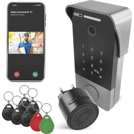 EMOS GoSmart Videocitofono intelligente con App - Connessione Ethernet a 1 cavo - Impermeabile - Fotocamera Full HD da 2 MP - Incluse Serratura con tastiera, campanello, alimentazione, chip RFID (1/5)