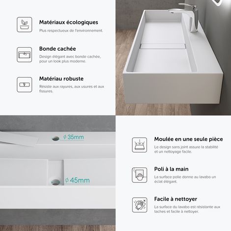 doporro Vasque à Poser Blanc Mat Lavabo de Salle de Bains Suspendu 120x40x14cm Lave Mains avec Bonde et Cache Bonde Colossum6028
