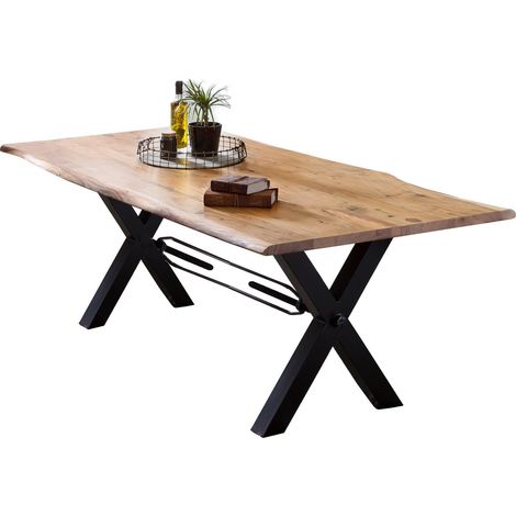 Table à manger en acacia massif avec bord naturel et piètement en X noir 160 x 85 cm - PANGIVO (1/4)