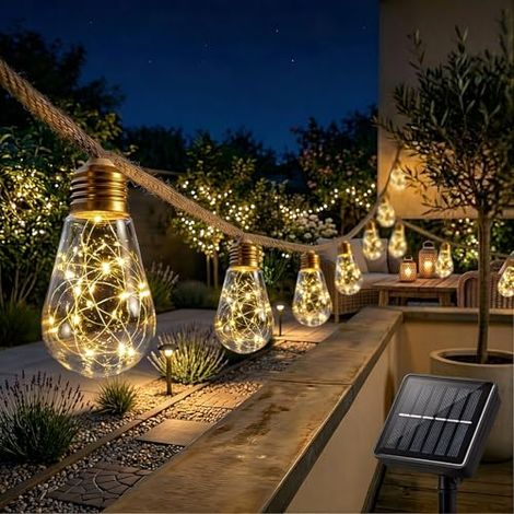 Solar Outdoor String Lights, 16 Bulbs, 8M, IP65 Waterproof, 8 Lighting Modes, Ambient Decoration for Garden, Balcony, Terrace, Patio (Warm White) (1/5)