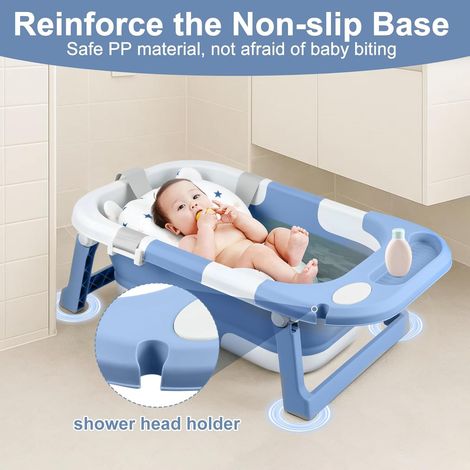 JF HOME BLISS Foldable Baby Bathtub Portable Collapsible Infant Tub with Seat Support & Heat-Sensitive Drain Newborn to Toddler (0-36 Months) Safe, Non-Slip & Space-Saving (Blue) (1/4)