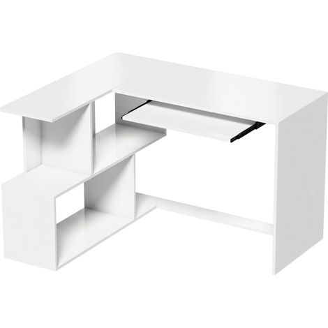 Scrivania angolare a L con vassoio tastiera e ripiani aperti, bianco effetto legno (1/5)