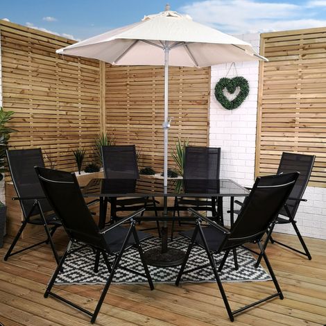 Outdoor 6 Person Rectangular Glass Top Garden Patio Dining Table Chairs With Cream Parasol and Base Set (1/5)