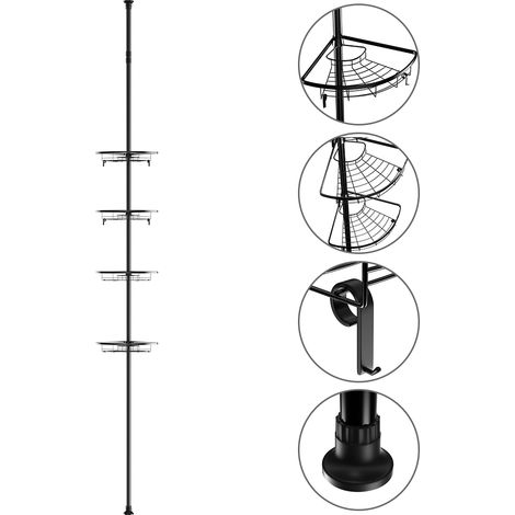 Aqrau Étagère de douche télescopique Réglable en hauteur 105 à 300 cm,Angle de salle de bain avec 4 plateaux Serviteur de douche en Acier Inoxydable,montage sans perçage (1/5)