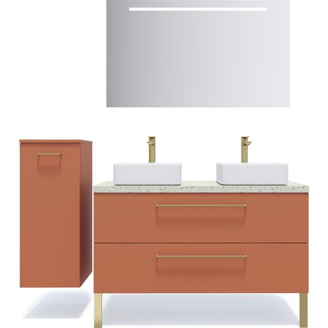 Meuble de salle de bain suspendu 2 vasques à poser 120cm 2 tiroirs Terracotta + miroir + colonne ouverture gauche - Glasgow (1/5)