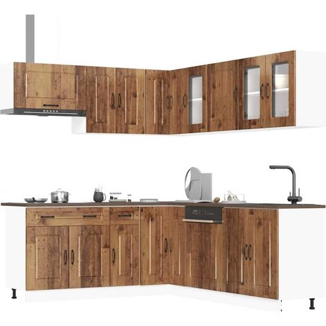 Ensemble d’armoires de cuisine 11 pièces en bois d’ingénierie et verre, vieux bois - PANGIVO (1/5)