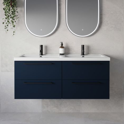 Napoli 390 Deep Blue 1200mm Wall Mounted 4 Drawer Vanity Unit with Double Lucia Basins - 1200mm - Matt Black 320mm Handle