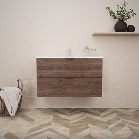 Inda - Badezimmerschrank B.100 mit glänzendem Waschbecken / Braune Eiche 2 Schubladen - Topazio