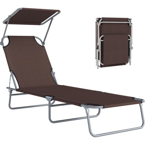 Transat de Jardin Pliable Chaise Longue Réglable Multi-Positions avec Pare-Soleil Ajustable, Dossier Inclinable Grand Confort, Dimensions 187x58x36 cm, Couleur Chocolat