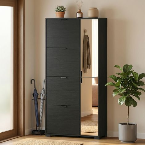 Meuble à chaussures moderne noir avec miroir, 4 tiroirs basculants, jusqu’à 16 paires (1/5)