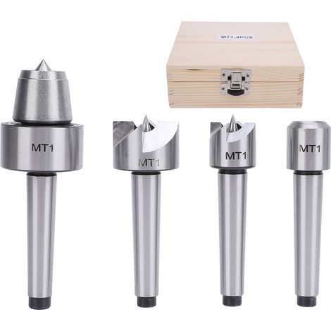 Ortviai Ensemble de 4 pointes tournantes pour tour à bois MT1 en acier 45 – Précision 0,005 mm, boîtier en bois