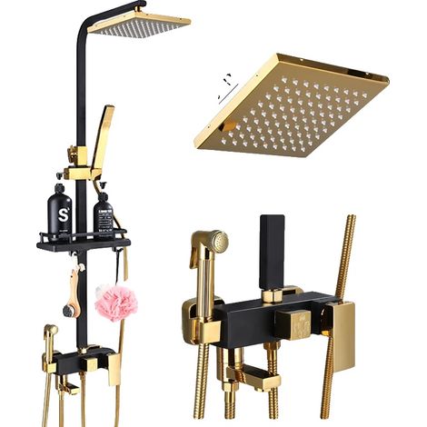 Ensemble de robinet de douche, fonction de douche pluie, hauteur réglable, Or Noir (1/2)