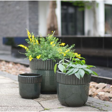 Vaso da fiori in ceramica fatto a mano Ø 30,5 cm, con fori di drenaggio, verde scuro lucido DESVIAE (1/5)