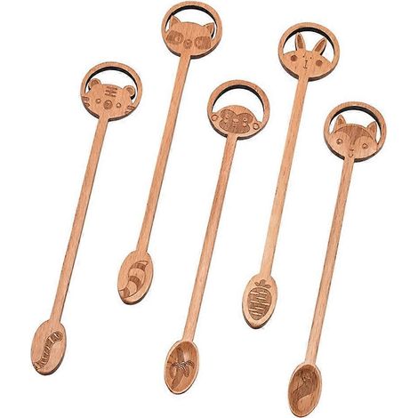 5 pièces Cuillère en Bois à Long Manche pour Café Dessert Mélange Cuisine (1/4)