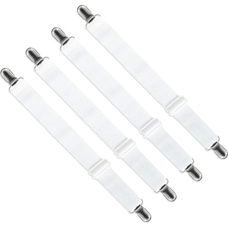 Adjustable Fitted Sheet Stretcher (65cm to 200cm), Adjustable Strap Fastener for Bed Sheet, Sofa, Ironing Board Cover (White, Pack of 4)