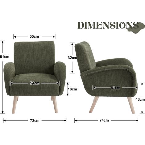 Wahson Fauteuil de salon en chenille vert – Dossier large et accoudoirs confortables – Coussin épais 16 cm – Pieds en bois robustes, Vert
