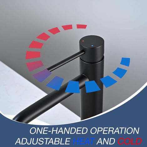 Mitigeur haut de lavabo noir mat en acier inoxydable. Bec de 204 mm, réglage eau chaude/froide, aérateur amovible pour salle de bain.