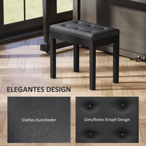 Banquette piano similicuir noir, boutons capitonnés, coffre de rangement intégré, pieds bois, design matelassé