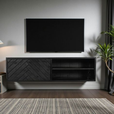 Meuble TV suspendu bois noir avec rangement 120 cm ALVERA