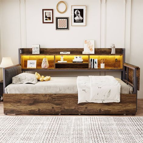 Lit banquette 90x200 cm avec sommier inclus, rangement, bureau escamotable, LED, prise multifonction, structure métal, sans matelas (1/5)