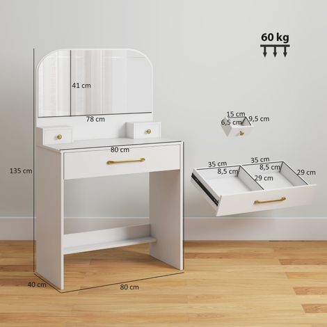 Coiffeuse avec miroir,coiffeuse compacte avec 3 tiroirs,blanche