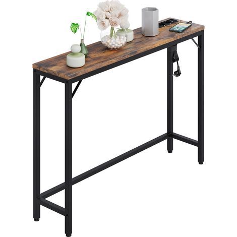 Table console étroite avec prise et port USB - 100 x 23 x 80 cm - Table Console, Table de Canapé Étroite avec Cadre Métallique pour Salon Industriel, Longue Table pour Couloir, Entrée, Bureau,Brun Rus (1/5)
